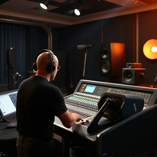 Studio avec un ingénieur du son travaillant sur une console de mixage, processus de doublage en cours.